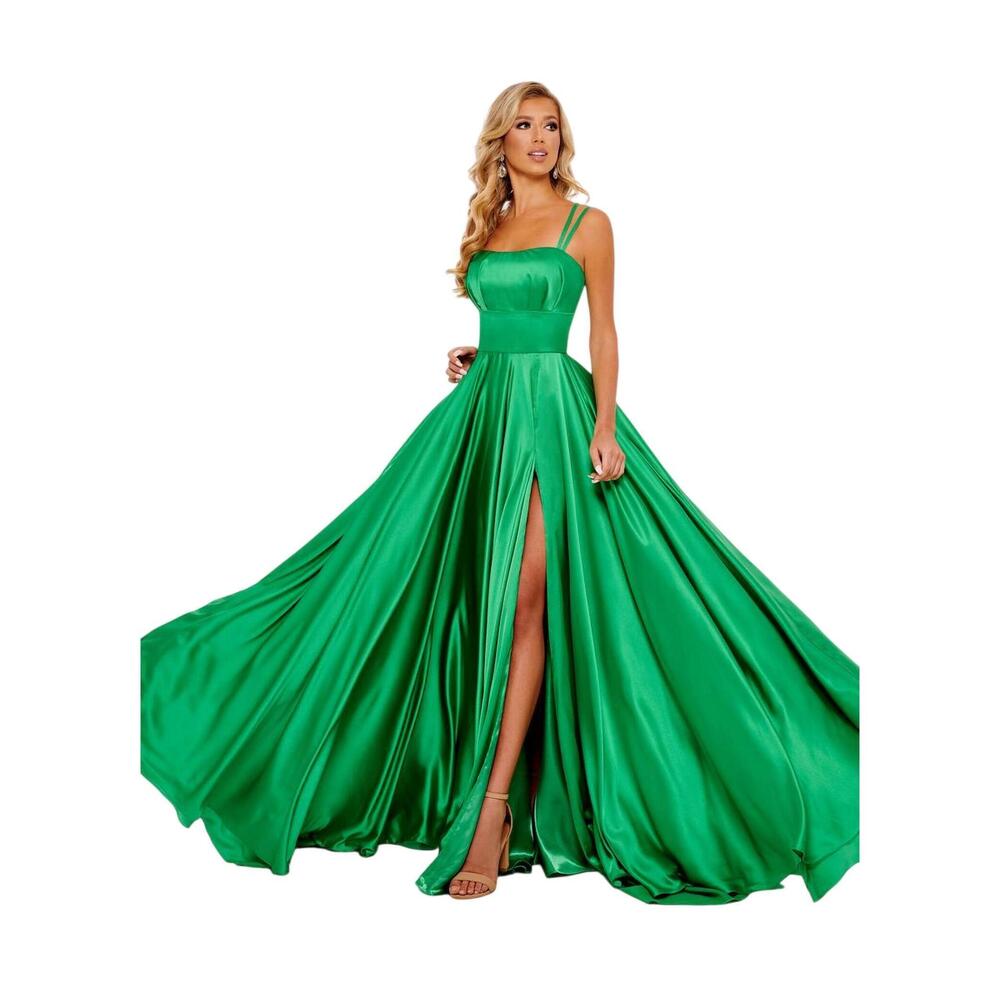 NEW RACHEL ALLAN high front slit prom dress in emerald